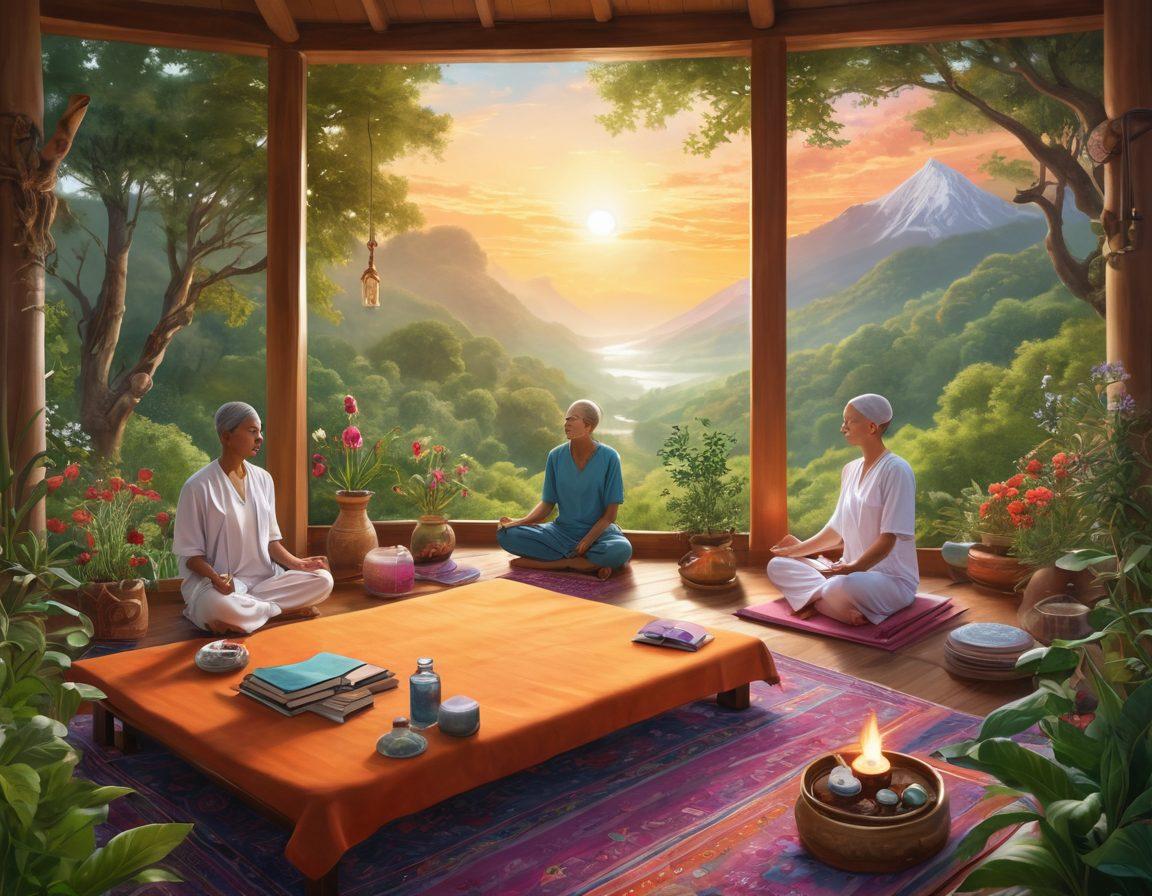 An intricate illustration of a diverse group of patients exploring various cancer treatment options, including traditional therapies like chemotherapy represented by medical equipment, and holistic approaches like yoga and herbal remedies depicted through natural elements. The scene should evoke a sense of hope and empowerment, with symbols of knowledge and support, like books and community gatherings. Emphasize a bright, uplifting atmosphere to inspire positivity in the journey of healing. vibrant colors. super-realistic. uplifting background.
