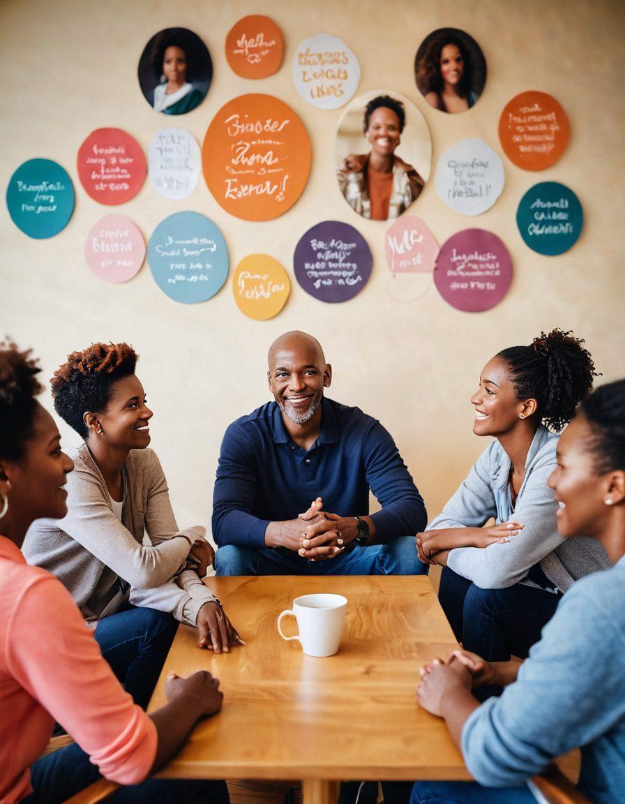 A diverse group of cancer survivors sitting in a cozy support group setting, sharing stories with expressions of hope and resilience. Soft lighting illuminates their faces, while a circle of hands showcases unity and support. In the background, inspirational quotes about strength are subtly displayed on a wall. The atmosphere should feel warm and inviting, radiating a sense of community. vibrant colors. soft focus.